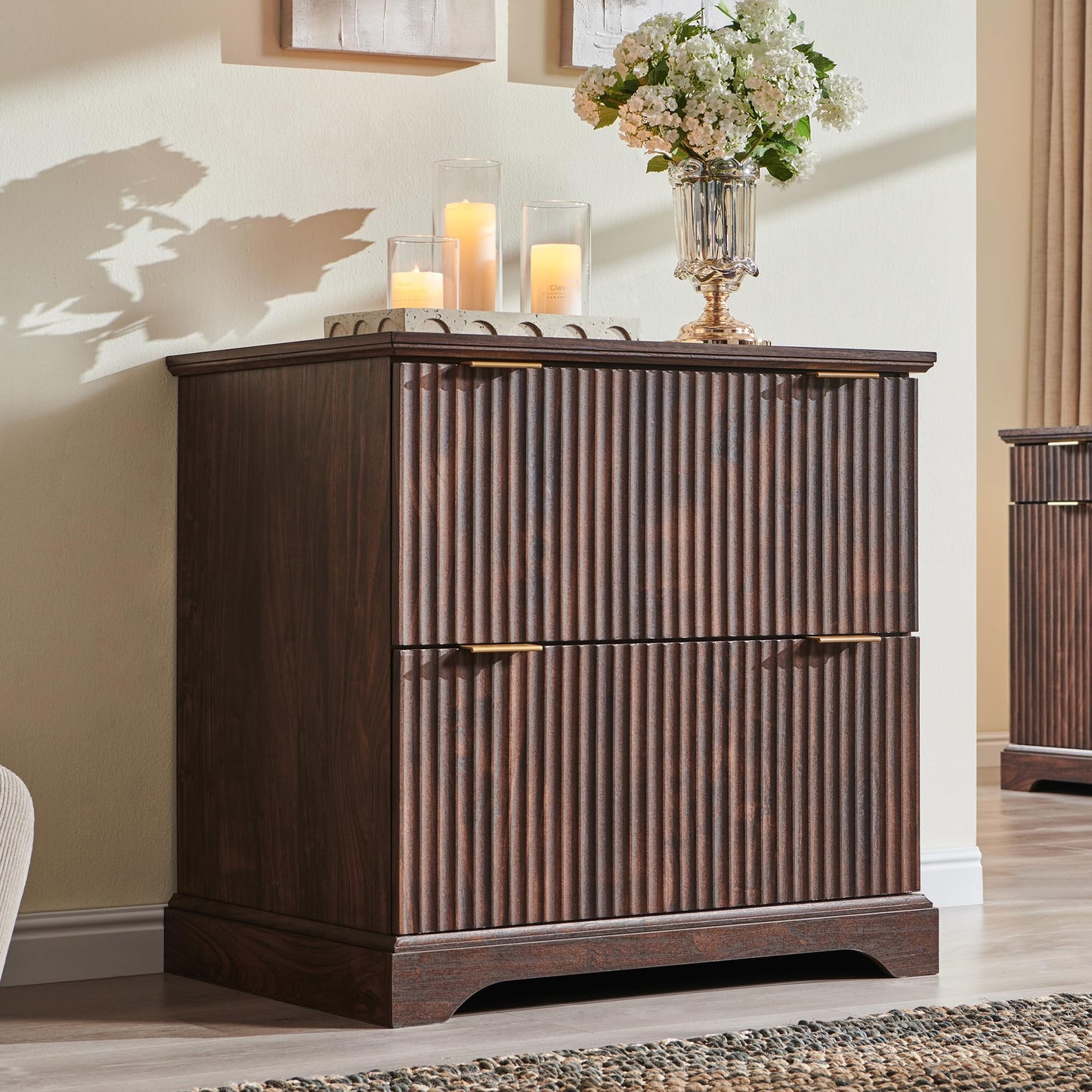 JXQTLINGMU 2 Drawer File Cabinet with Charging Station, 30" Fluted Lateral File Cabinet w/Files Hanging Rod for Letter/Legal/A4, Large Tabletop for Printer, Office Wood Printer Cabinets, Dark Walnut