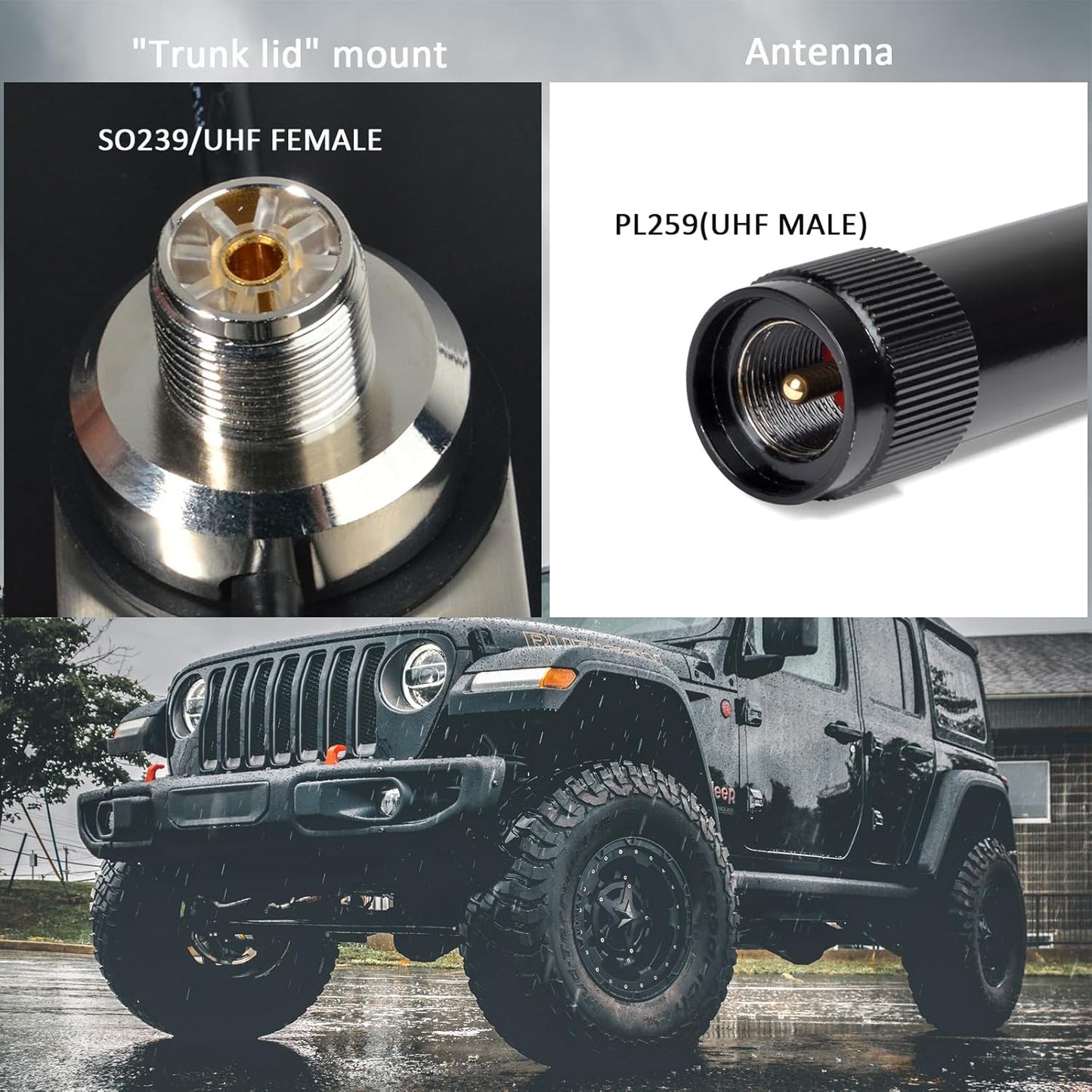 13Ft RG-58 PL-259 SO239 (TCJ-N6) HYS Heavy-Duty Trunk Lid Antenna Mount Bracket Base with Coax Cable, to UHF Connectors