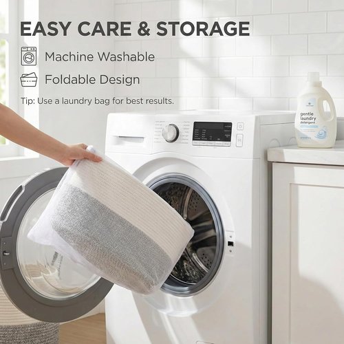 JMvicyroam 65L Extra Large Blanket Basket - Woven Cotton Rope Laundry Hamper with Handles | Machine Washable, White & Grey