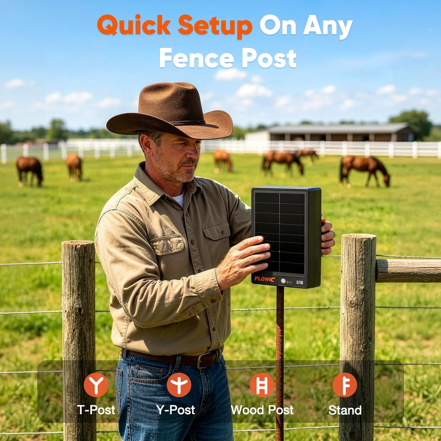 Solar Electric Fence Charger for Livestock: 0.2J 10 Miles Electric Fence Energizer with Rechargeable Battery, Portable Powered Electric Fence for Horses Cattle Sheep Protection