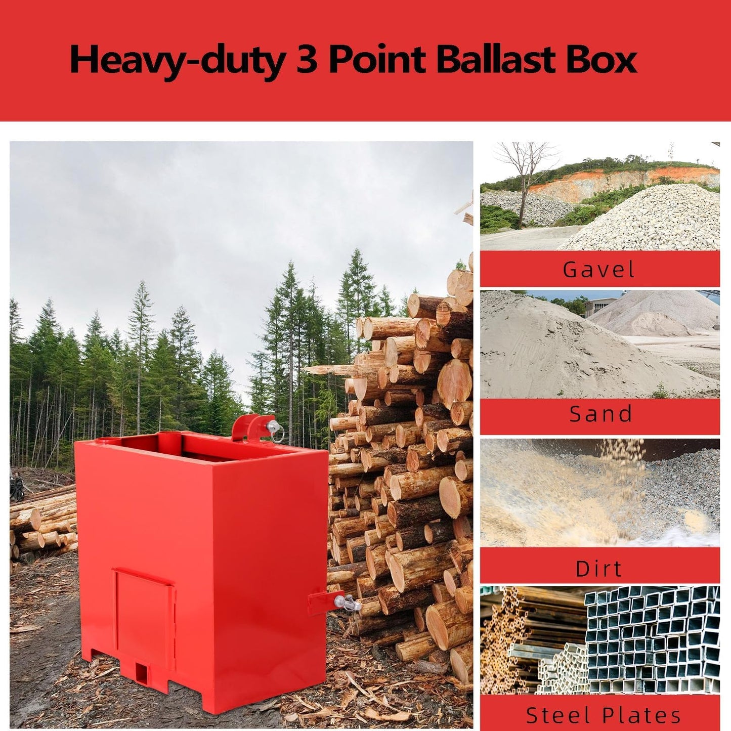 3 Point Ballast Box, 800 lb Capacity Tractor Weight Box with 2" Quick Hitch Receiver, 5 Cu.Ft Steel Loader Attachment with Sliding Door, 3mm Heavy Duty Construction