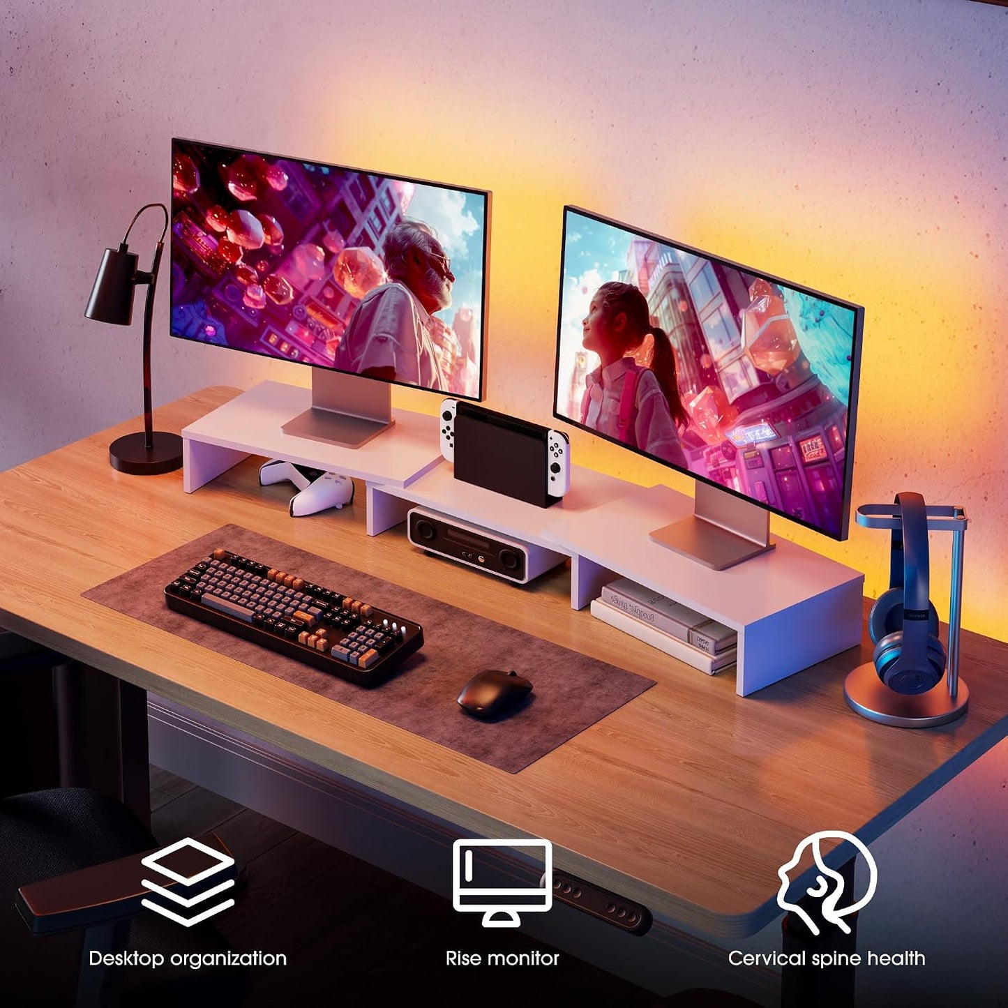 3 DT108008WW FITUEYES Dual Monitor Stand Shelf Computer Monitor Riser, Wood Desktop Stand with Adjustable Length