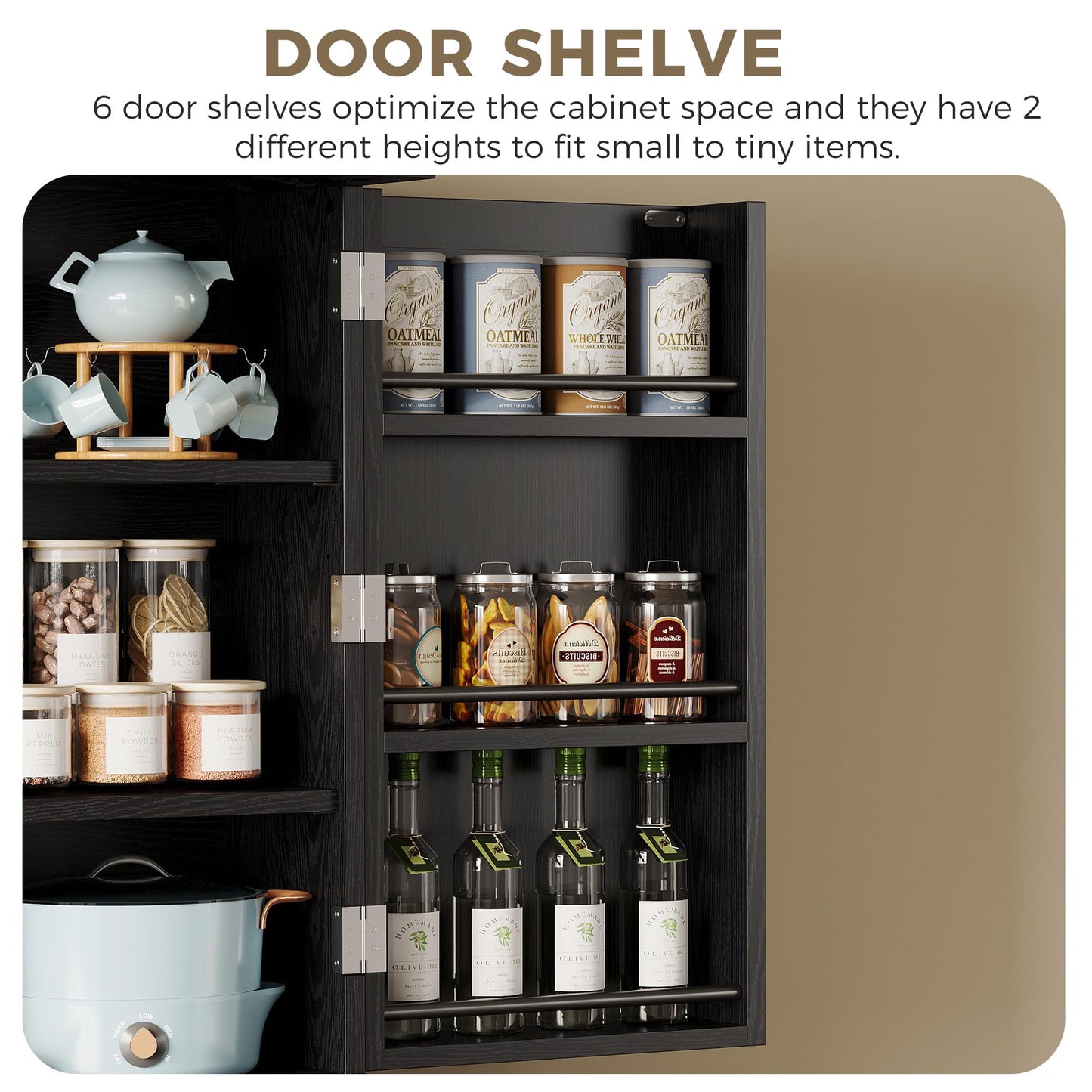 IRONCK Farmhouse Kitchen Pantry Cabinet, 72" Height Tall Freestanding Cupboard with Sliding Storage Rack and 6 Hanging Shelves for Kitchen, Dining Room, Black