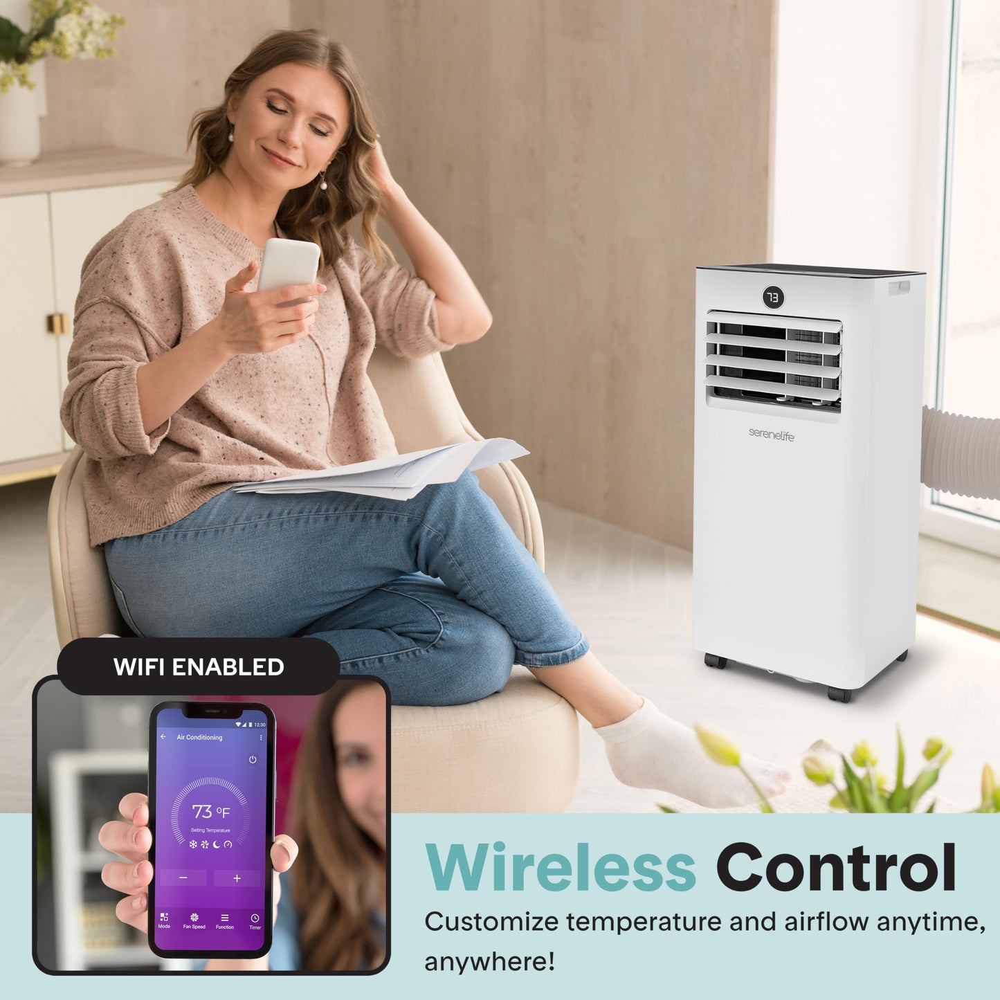 SereneLife 8000 BTU Portable Air Conditioner & Heater with WiFi, 4-in-1 Cooling, Heating, Fan & Dehumidifier, 24-H Timer, Covers 350 Sq Ft, for Bedroom, Home & Office, Includes Window Kit & Remote