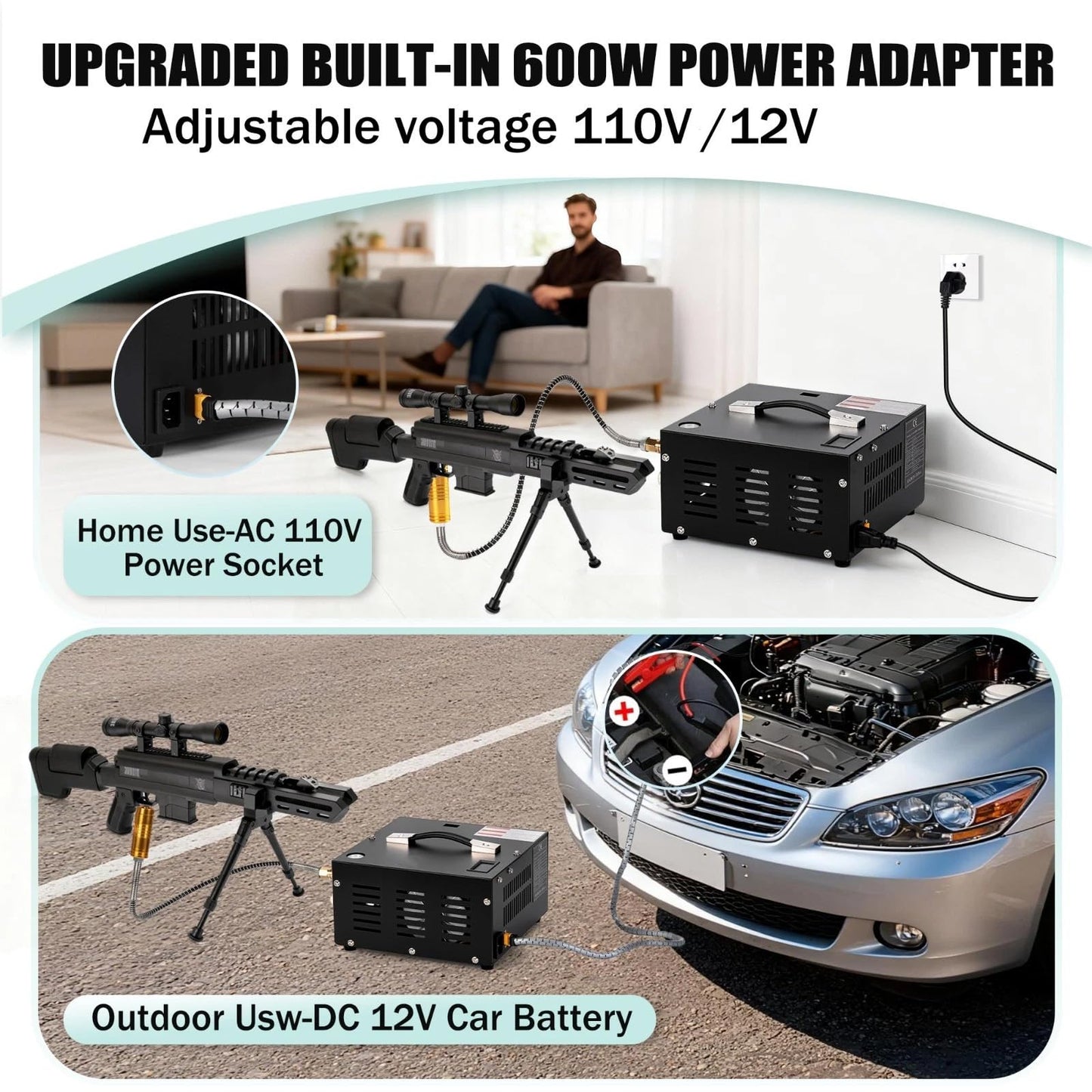 PCP Air Compressor 350W,Max 4500PSI/300Bar, Portable High-Pressure Air Pump with Fan Cooling, 12V DC/110V AC Dual Power, for PCP Air Rifle, Paintball Tanks and Scuba Diving