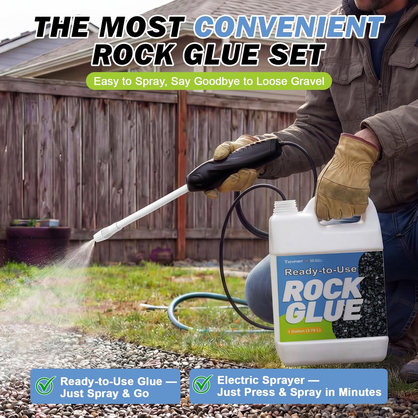 Teexpert Ready-to-Use Rock Glue for Landscaping with Electric Sprayer, 2 Gallon Gravel Glue for Landscaping for Pea Gravel, River Rock & Stone for Outdoor Landscape, Walkways, Patios, & Driveways