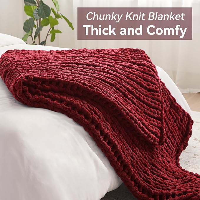 Negwoo Chunky Knit Throw Blanket, 40''*50'' Knitted Throw Chenille Yarn for Bed Couch, Handmade Red Crochet Big Thick Blanket, Machine Washable Cute Comfy Blanket for Home Decor