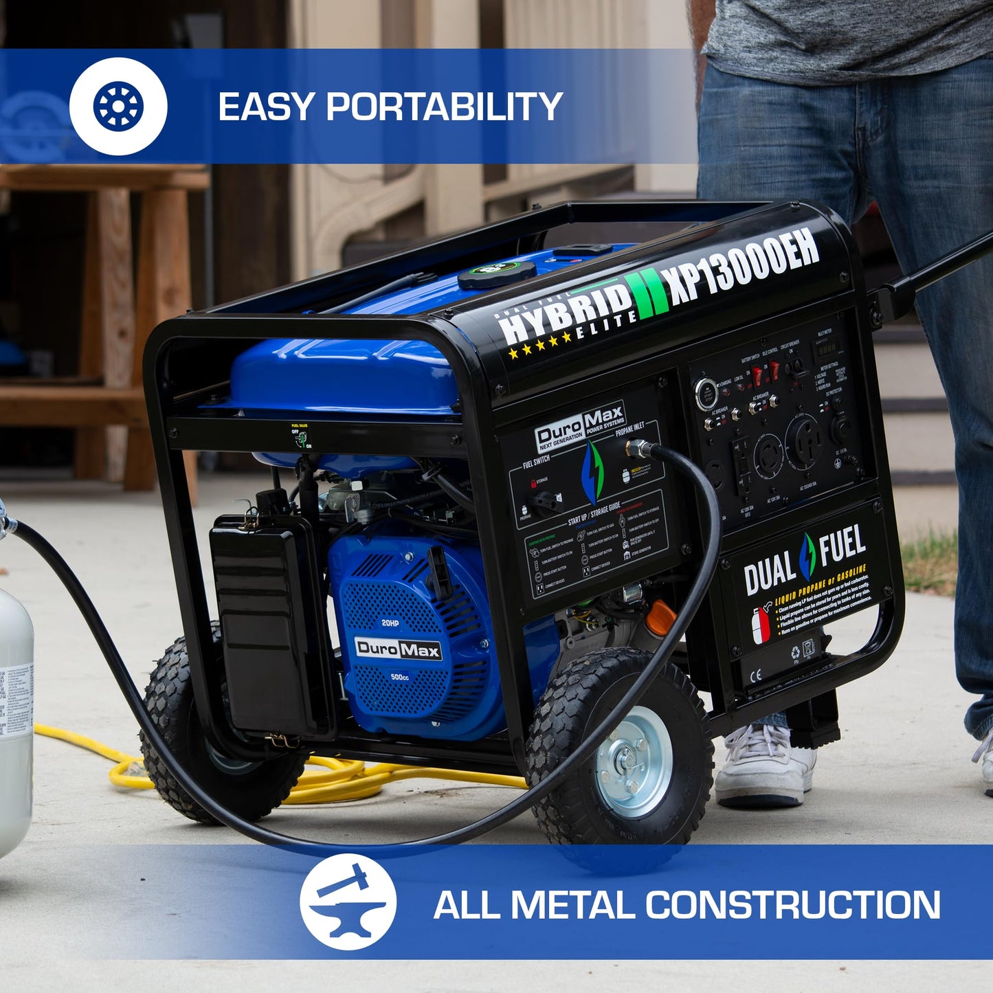 DuroMax XP13000EH 13,000-Watt Dual Fuel Portable Generator - Gas & Propane, Electric Start, Whole Home Backup Power, Transfer Switch Ready, RV & Emergency Ready