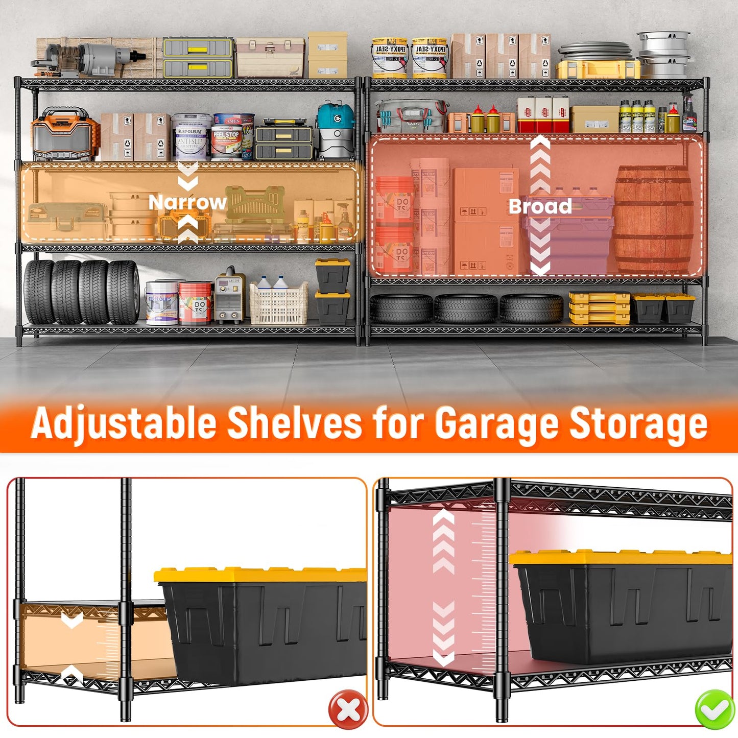 RackBro 60" W Storage Shelves 2640 LBS Heavy Duty Garage Shelving, Adjustable Wire Shelving Metal Shelving with Liners, Fits 27-Gallon Totes, 60" W x 18" D x 68.4" H for Commercial Warehouse, Black