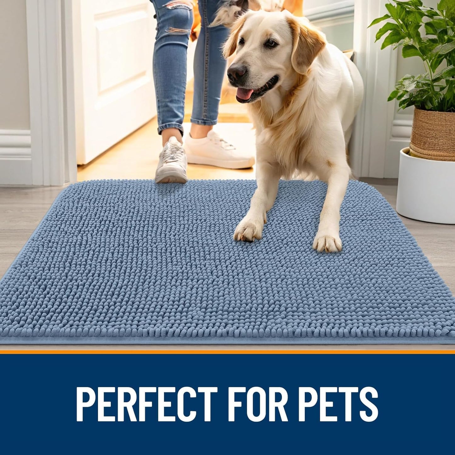 OLANLY Dog Door Mat - Absorbent Non-Slip Chenille Doormat for Muddy Paws | 30x20, Airy Blue