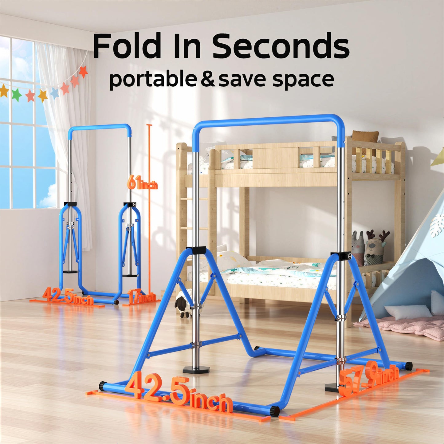 YICHIJIAN Expandable Kids Gymnastics Kip Bar, Folding Adjustable Height 45''-61'', 300LBS Weight Limit, Robust Horizontal Training Bar for Home Indoor Use, Gift for Kids Ages 3-13, Blue