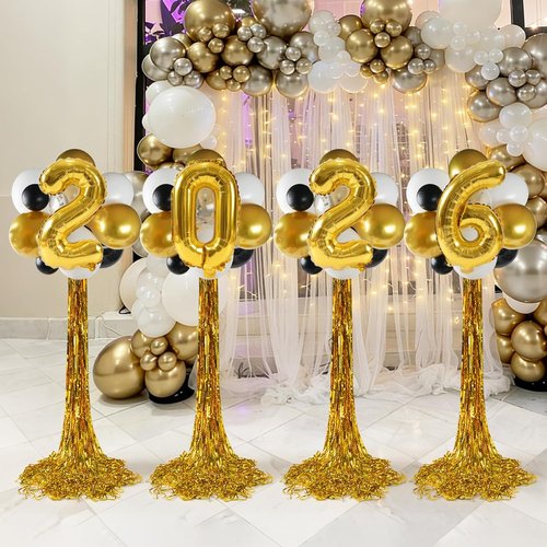 Graduation Balloon Columns Kit by 2026 - Set of 4 Stands with Gold Fringe Curtain for Party Backdrop