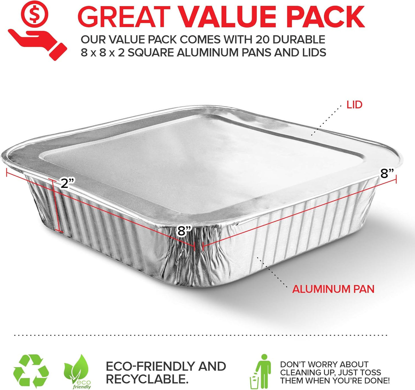 Stock Your Home 8x8 Foil Pans with Lids - 20 Pack of 8-Inch Square Aluminum Baking Containers