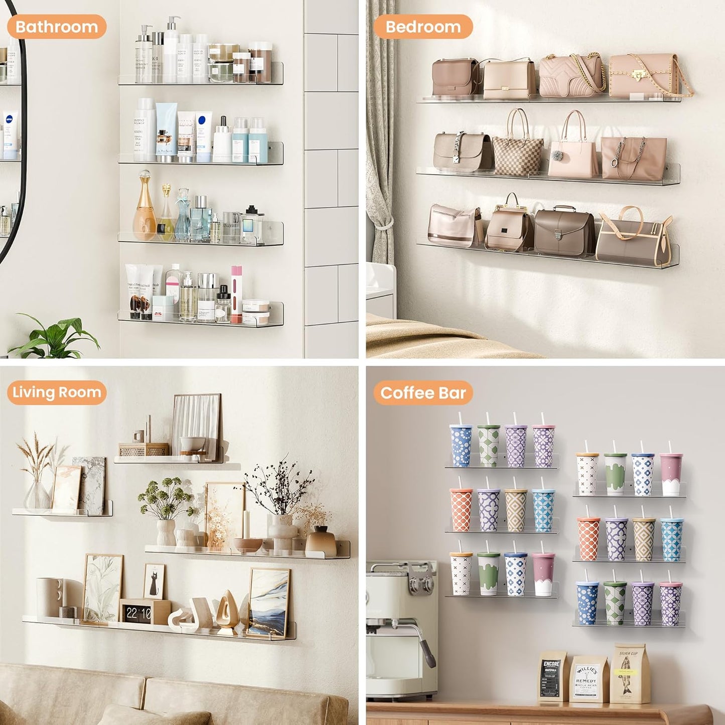 Upsimples 6 Pack Acrylic Floating Shelves - 15" x 4" Wall Storage for Kids' Rooms, Clear Display Organizers
