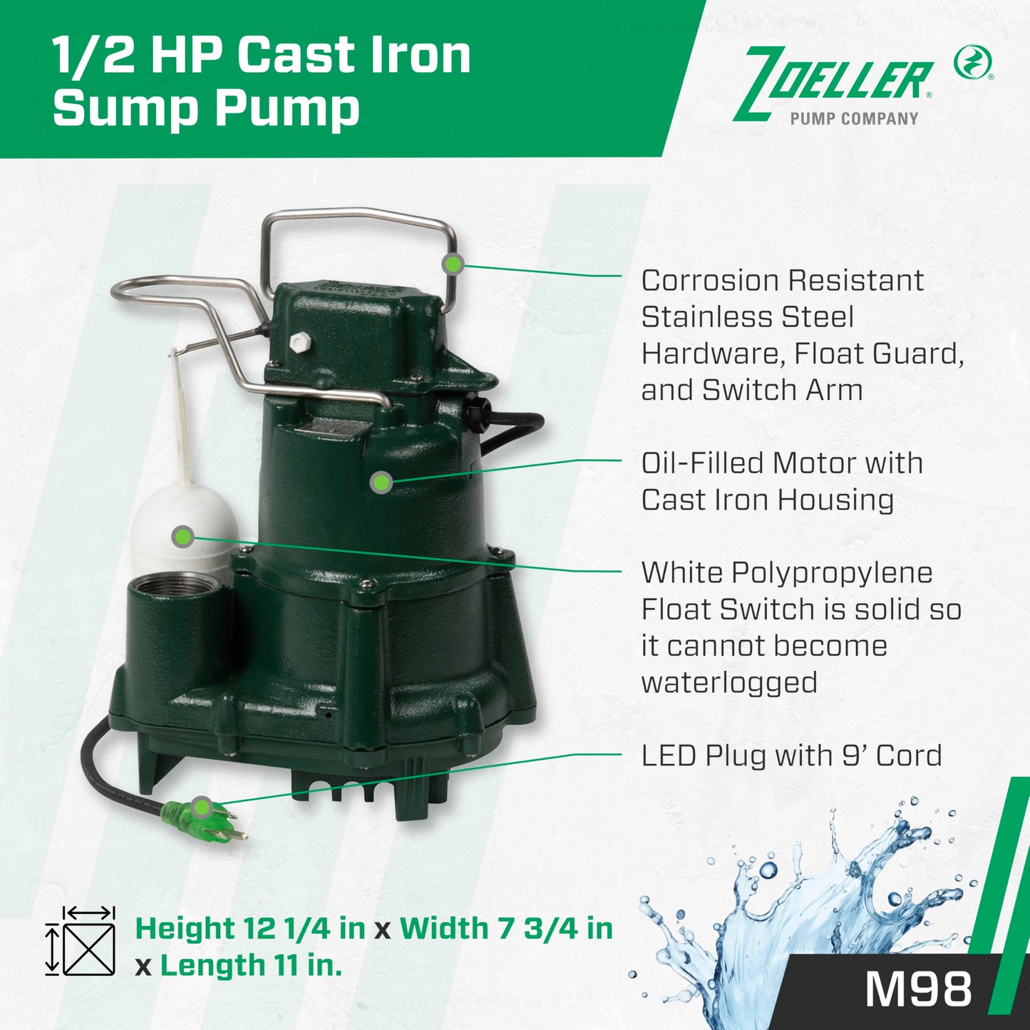 Zoeller M98 Flow-Mate Sump Pump - 1/2 HP - Cast Iron - LED Power Plug - High Flow - Vortex Impeller - Stainless Steel Hardware - Factory Tested and Float Operated - Submersible Sump Pump - 115V