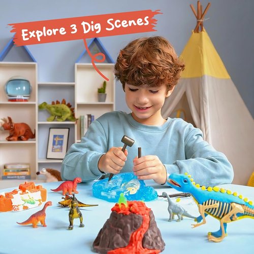 JOVA Dinosaur Fossil Digging Kit - 3-in-1 STEM Learning Toy with Glow-in-the-Dark Dinosaurs & Sensory Play Sand | DIY Kit for Kids Aged 6+