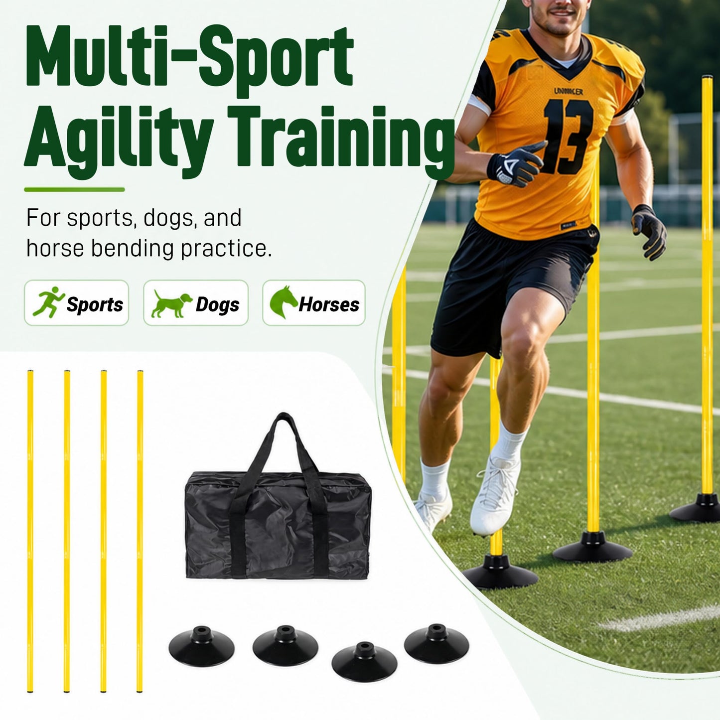 4 Pack Soccer Agility Training Poles, 5 FT Adjustable Speed and Agility Training Equipment for Football/Basketball/ Dog Practice, Bending Poles for Horses with Rubber Bases and Carry Bag (Yellow)