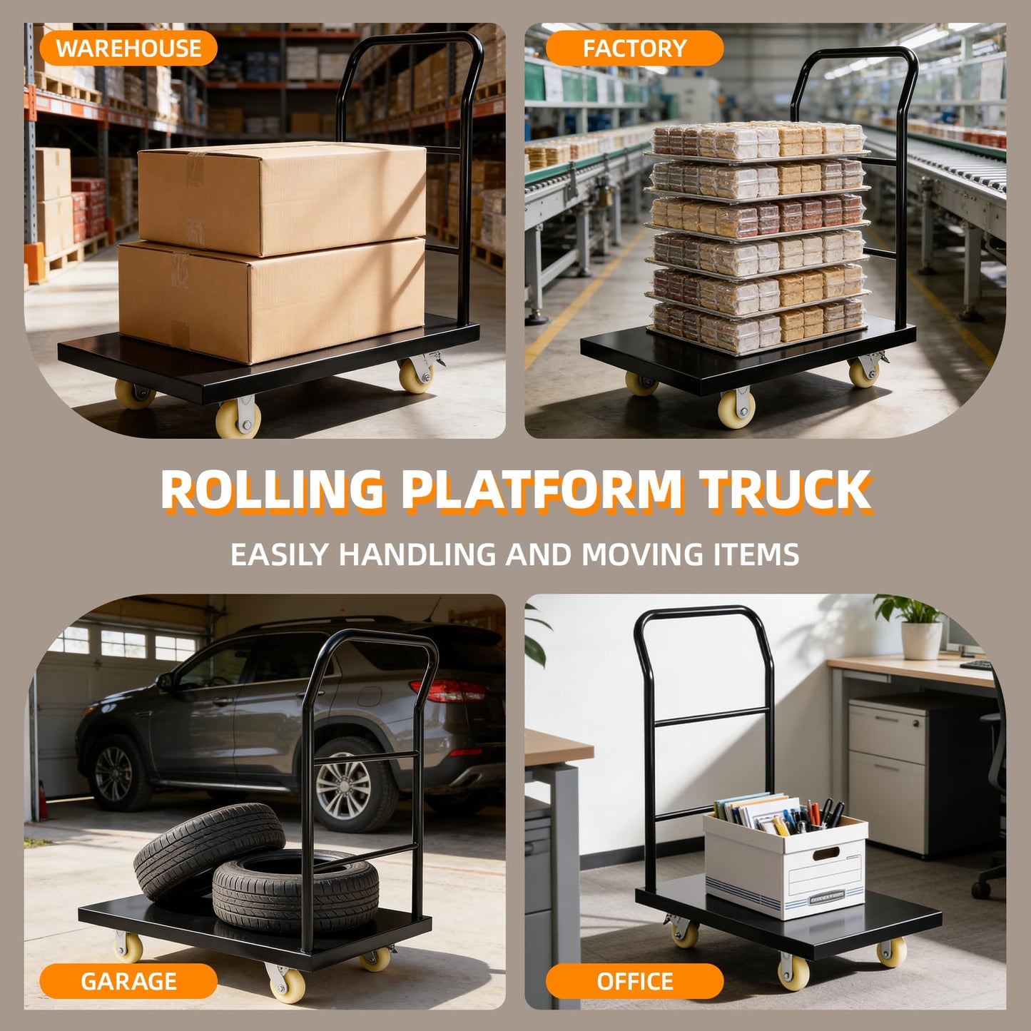 Heavy Duty Platform Truck Moving Flatbed Cart 36” x 24”Push Dolly, 2200 lbs Capacity Steel Flatbed Cart, Flat cart with Wheels and Handle, for Luggage Moving, Shopping Groceries, Garage, Warehouse