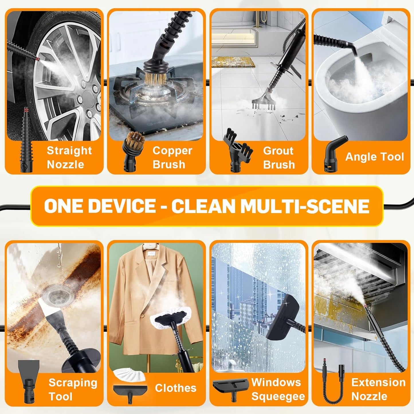 Skiennix Handheld Steam Cleaner - 15s Heat-Up, 3-Level Adjustable Steam, 14 Accessories | Multi-Surface, Chemical-Free (Grey)