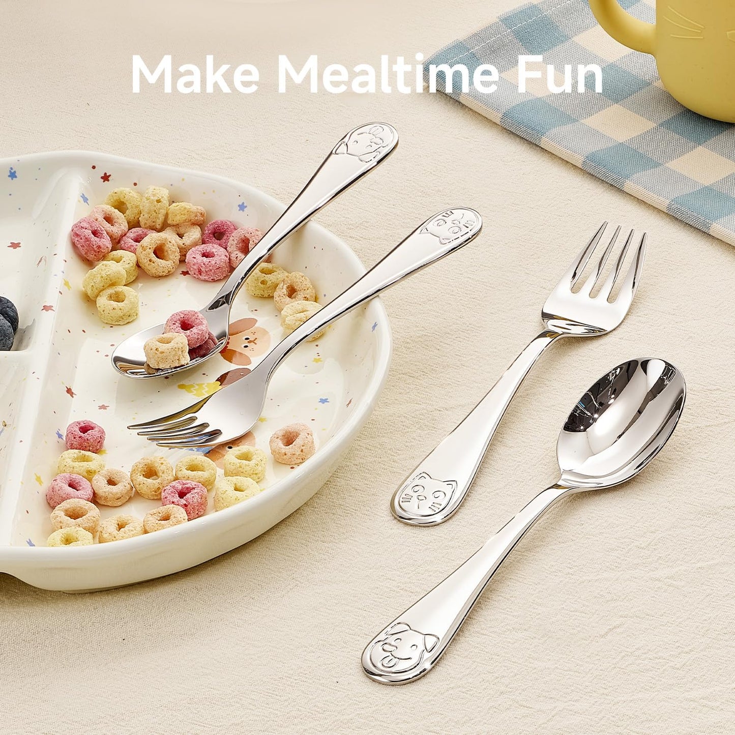 KINGSTONE Toddler Utensils Set, 6-Piece Small Forks & Spoons, 18/10 Stainless Steel, Cat & Dog Print, Ergonomic Self-Feeding Kids Flatware for Home, Travel & Preschool