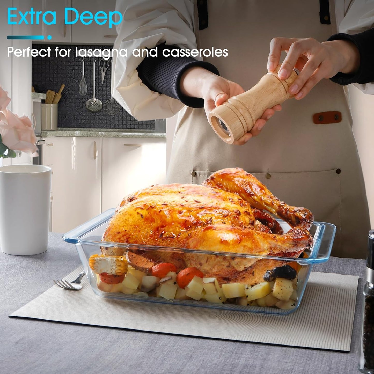 NUTRIUPS 3.7QT Rectangular Deep Glass Baking Dish - Durable Oven Bakeware for Casseroles