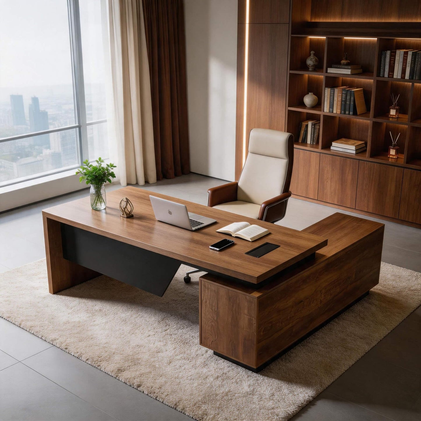 SAINTCY Retractable L-Shaped Executive Desk, Commercial-Grade Office Desk with Reversible Storage Cabinet, Built-in Power Hub, Modern Executive Desk for Home & Business Office