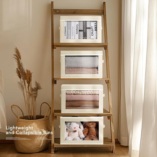 Homsorout Storage Cubes - 5 Pack Foldable Clear Window Bins for Clothes & Blankets | Large Beige Containers