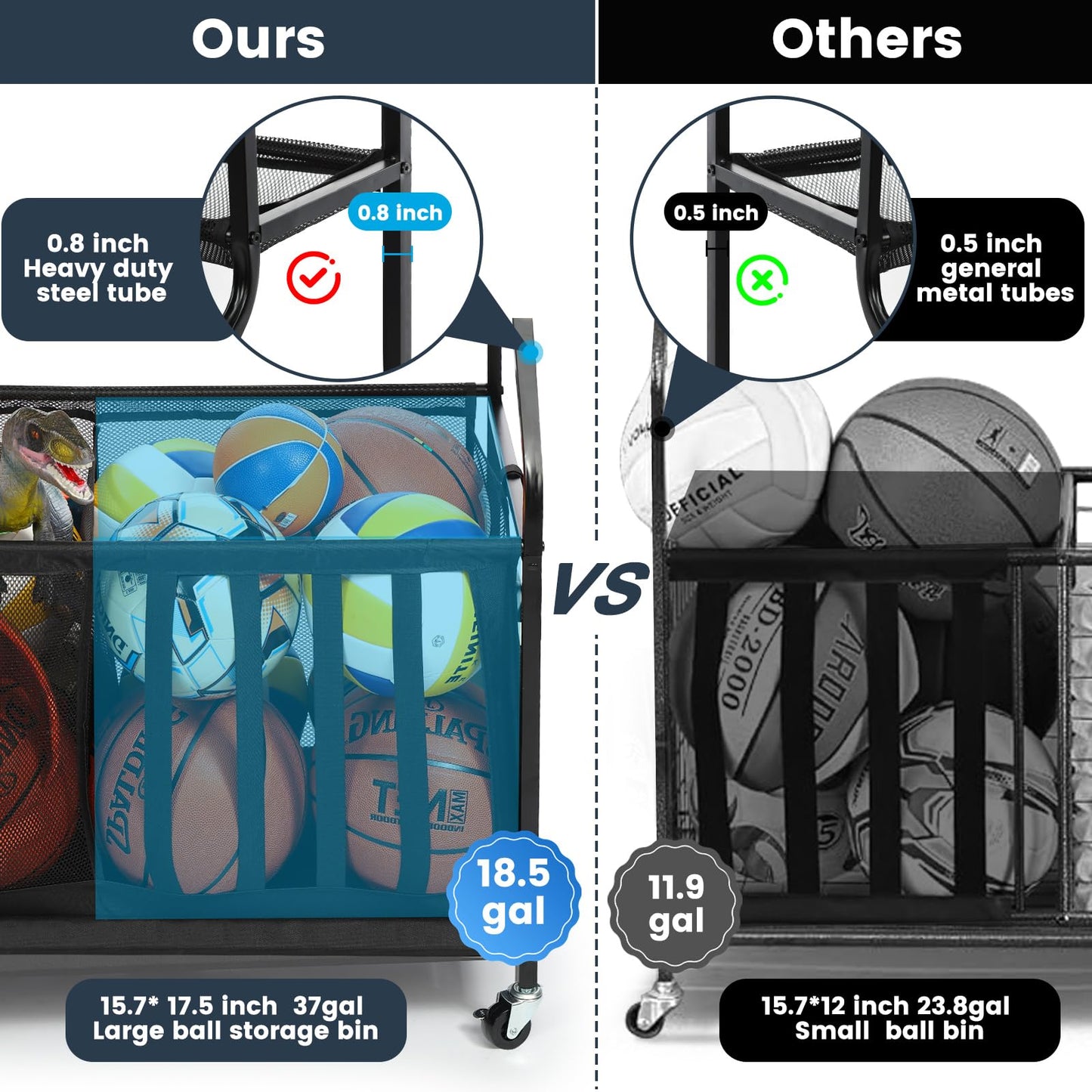 Kinghouse Garage Sports Equipment Organizer, Sports Rack with Hooks, with 37 Gal Ball Storage Bin, Elastic Straps Storage for Basketball, Soccer, Tennis, Stick, Racket, Nerf Gun, Toy, Indoor, Outdoor