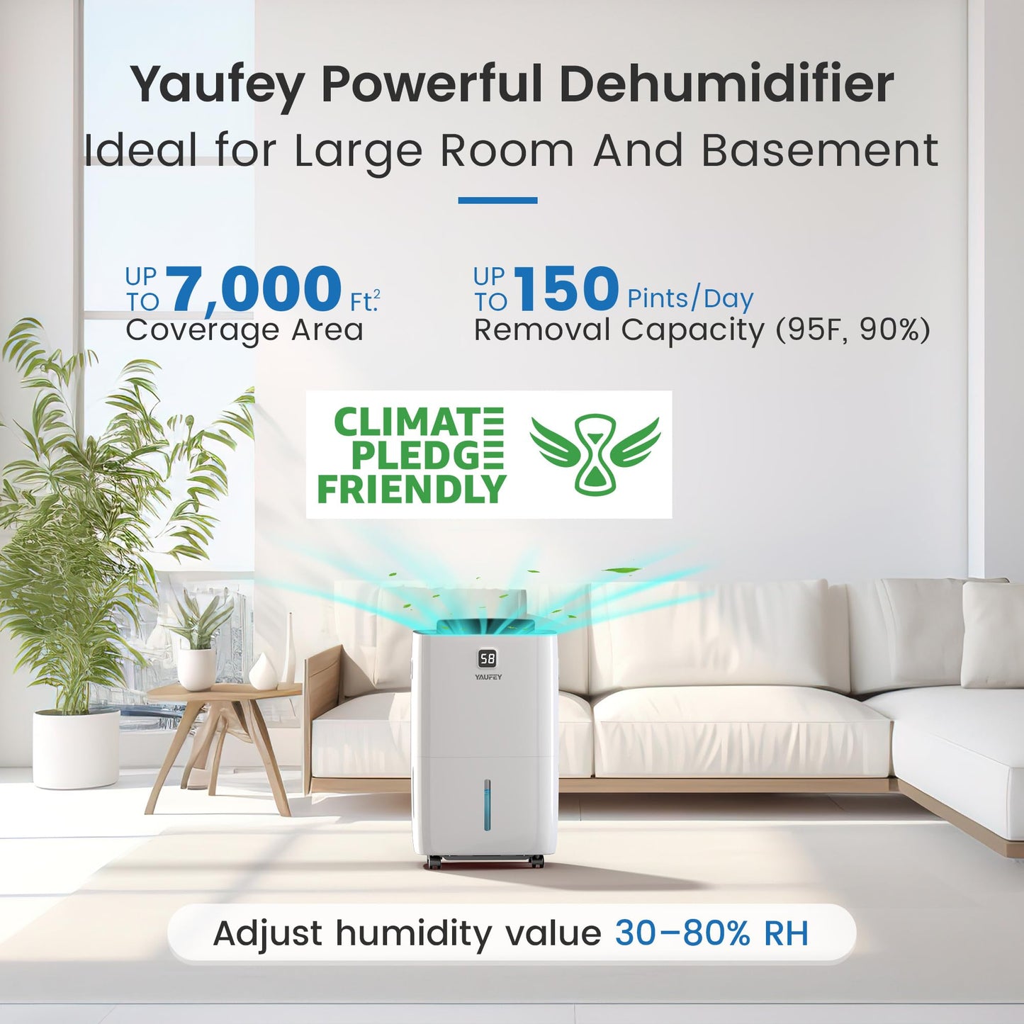 Yaufey 150 Pints Dehumidifier for Home, Basement and Large Room up to 7000 Sq. Ft., with Drain Hose, Timer, Intelligent Humidity Control and Large Water Tank