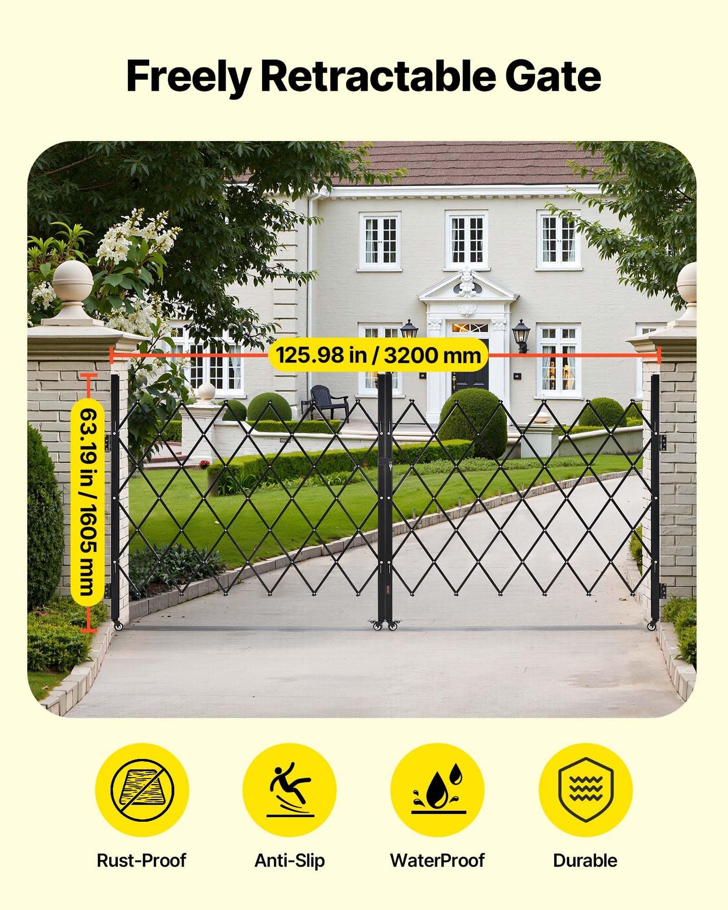 VEVOR Double Folding Security Gate, Lockable Scissor Gate with 360° Swivel Casters, Outdoor Barricade Steel Retractable Gates, for Entry Security, Garage, Warehouse & Pool, 125.98 x 63.19 in (W x H)