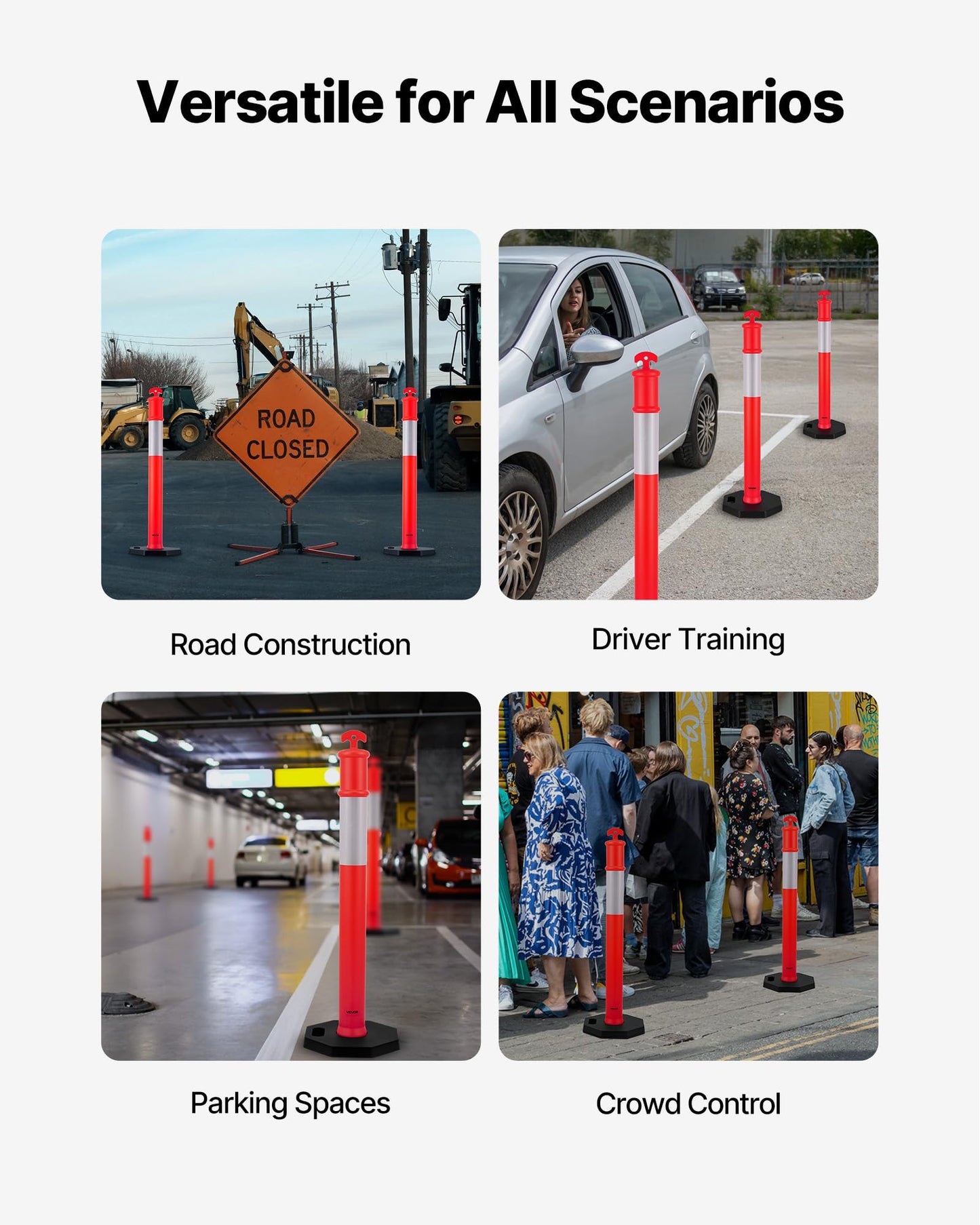 VEVOR 6 Pack Traffic Delineator Posts, 45 inches Traffic Safety Cones with Weighted Base and Reflective Strips, Heavy Duty Delineator Posts for Construction Site, Parking Lot, Crowd Control, Red