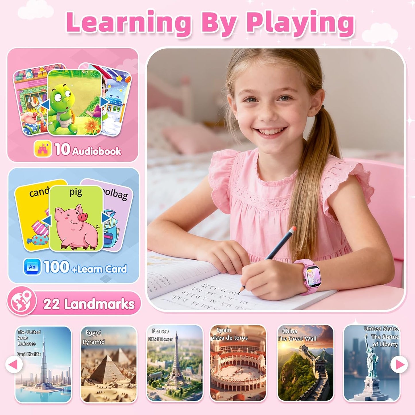 Dolwenqi 5-12, 40 5 6 7 8 9 10(Pink) Kids Smart Watch Girls Gift for Girl Aged Games HD TouchScreen Kids Watch