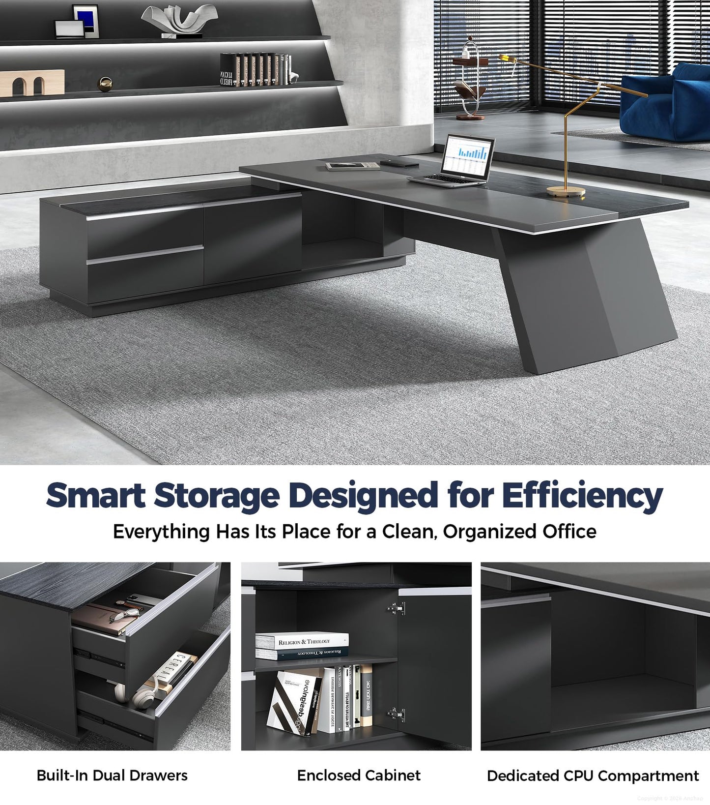 Anzhap 79" L-Shaped Executive Office Desk with Drawers, Enclosed Cabinet, Ventilated CPU Compartment, Built-in Outlets & USB Ports – Home Office Desk (Left Return, 79" L x 63" W x 30" H)