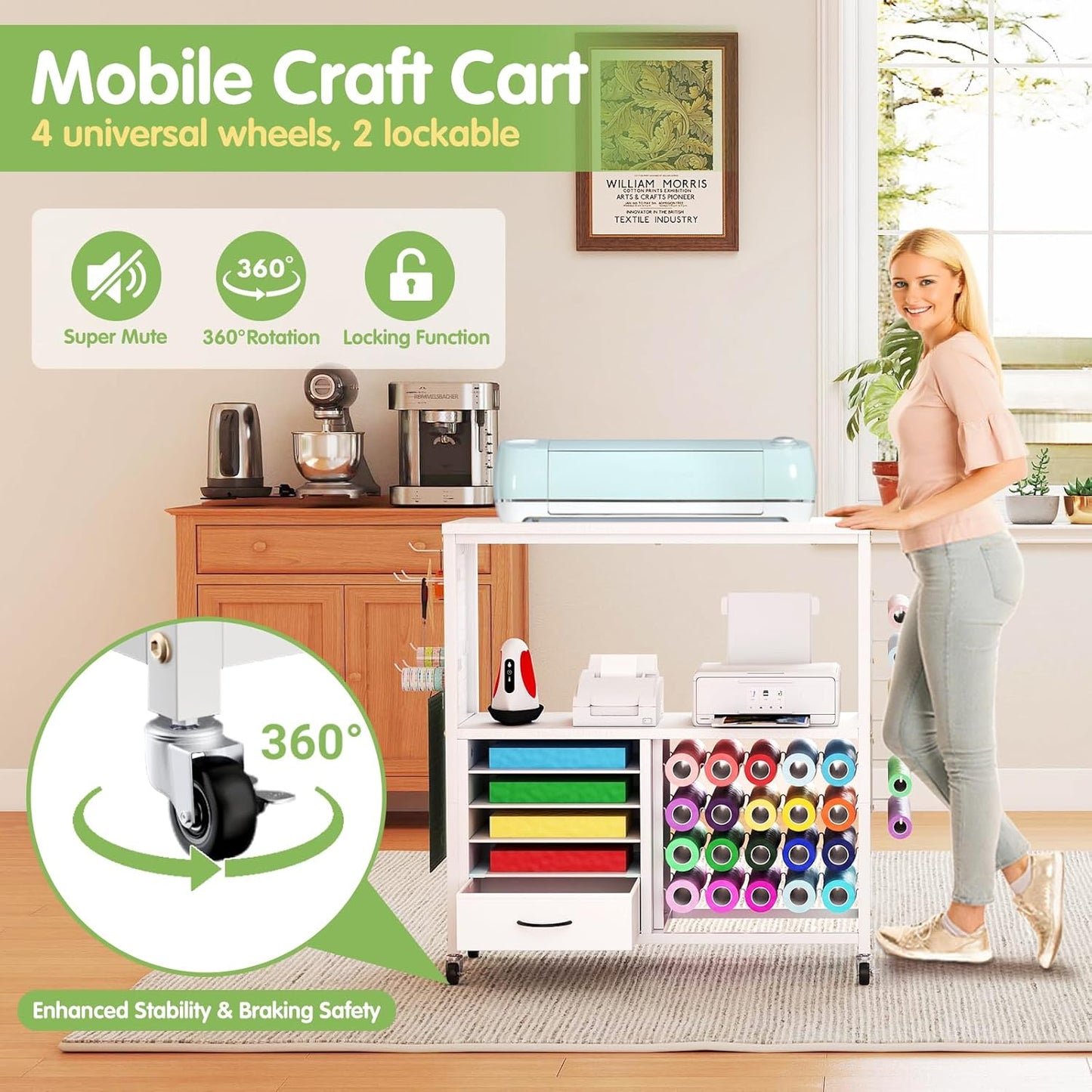 Skiennix Craft Storage Cart - Mobile Organizer with Vinyl Roll Holder & Drawers | Ideal for Studios & Offices