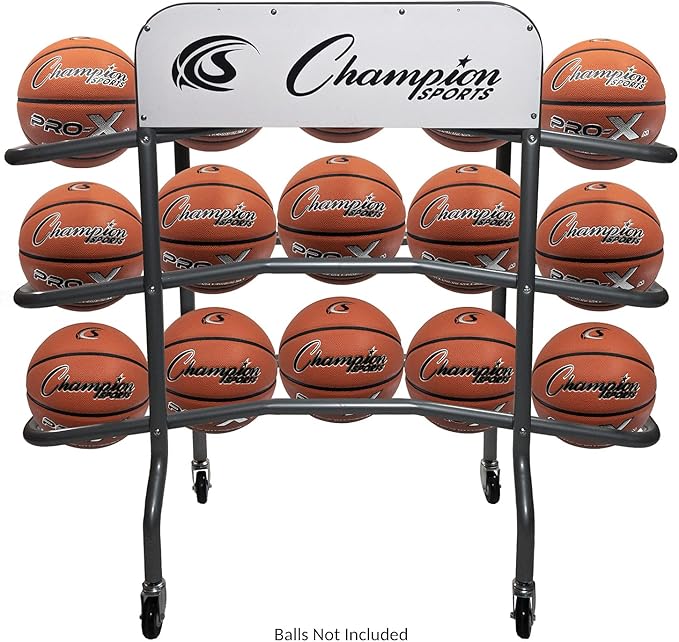 Champion Sports Deluxe Heavy Duty Basketball Storage Cart with Locking Swivel Caster Wheels (Black)