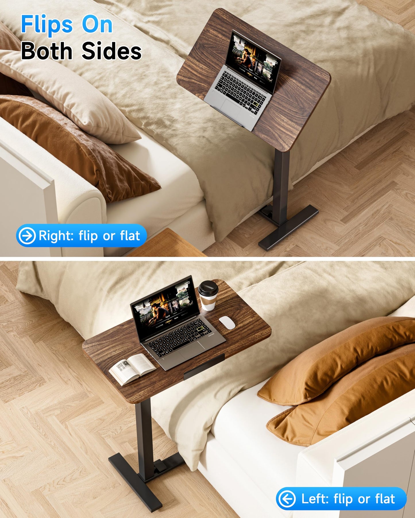 BIZUM Mobile Standing Desk Laptop Desk Pneumatic with Wheels 180° Tilt Top Hospital Bed Table Portable Rolling Cart Foldable Bedside Table for Hospital&Home Use, Walnut