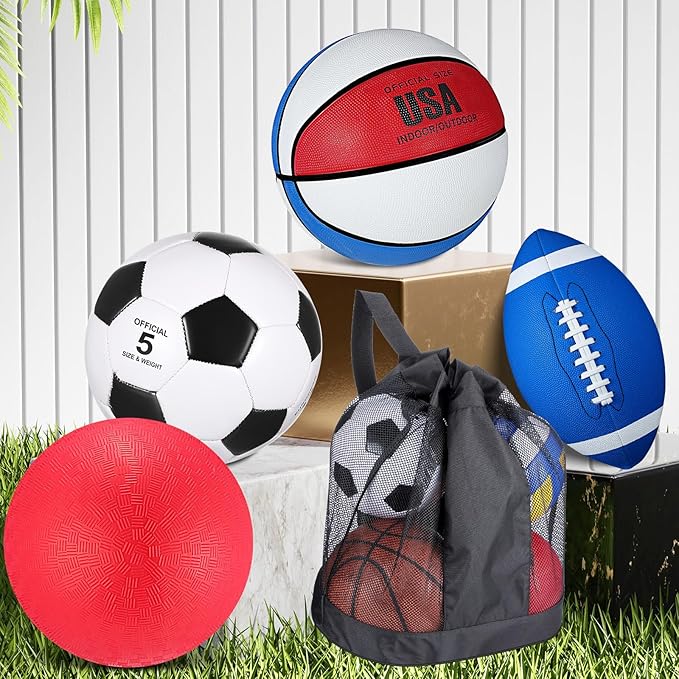 Lenwen 4 Pcs Sports Balls Set, Include Official Size Basketball Soccer Football Playground Ball Pump Equipment Bag for Teen Adult Gift Operation Christmas Ball Gifts