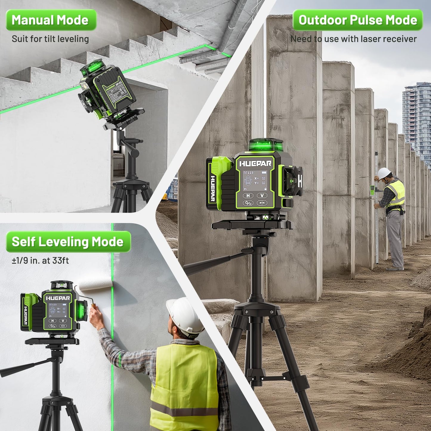 Huepar W04CG 4D Laser Level with Receiver for Outdoor or Longer Distance Use, Up to 400 ft, 4x360° Self Leveling Green Lazer Leveler Tool for Construction, Tiling, Framing, Drop Ceiling, Floor etc.