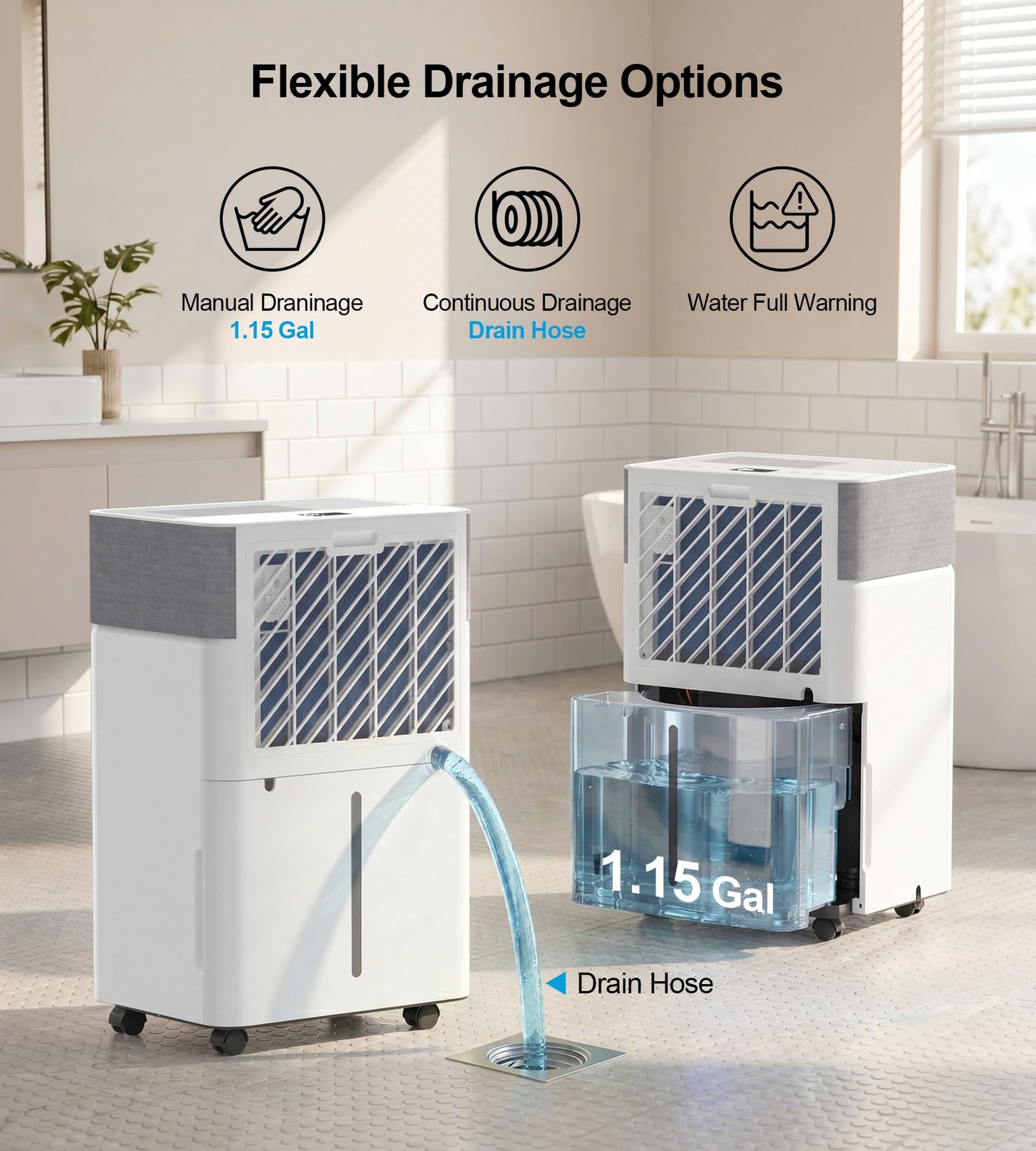 AKIRES 55Pint Dehumidifier for 4000Sq.Ft, Smart Dehumidifier with Drain Hose, 1.15Gal Removable Tank, LED Display, 24H Timer & Child Lock, Dehumidifier for Basement,Bedroom,Bathroom(White)