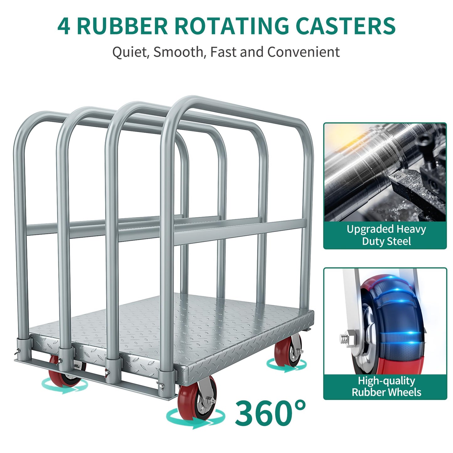 YITAHOME 2-in-1 Steel Panel Truck Cart 2200 LBS, Heavy Duty Platform Truck Carts with 4 Side Handrails, Flatbed Lumber Cart Drywall Carts with 4 Rubber Swivel Casters for Loading and Storage