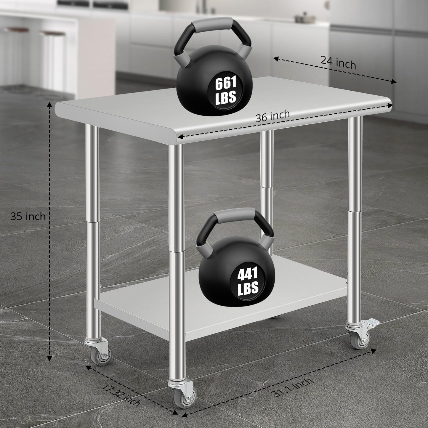 MilleLoom Stainless Steel Work Table with Wheels - 36"x24" Commercial Food Prep Table with Removable Trash Rack & Adjustable Undershelf, Heavy Duty Metal Worktable for Restaurant, Kitchen, Home