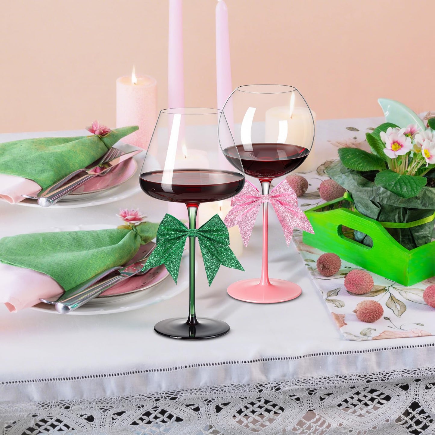 Honeydak 5 Pcs 18 oz Witch Pink Green Crystal Wine Glass Set Includes 2 Theme Wine Glass 2 Glitter Bows and 1 Designed Wrapping Paper for BFF Couples Witch Lover Musical Play & Movie Lovers Gift