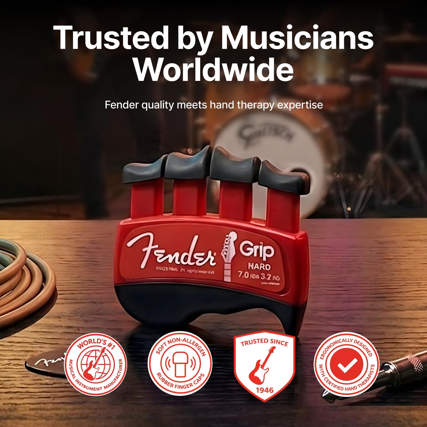 Fender GRIP Hand and Finger Exerciser (Hard - 7lbs / 3.2kg) – Best Ergonomic Finger Strengthener to improve play on all stringed instruments (Guitar, Bass, Violin, etc.)