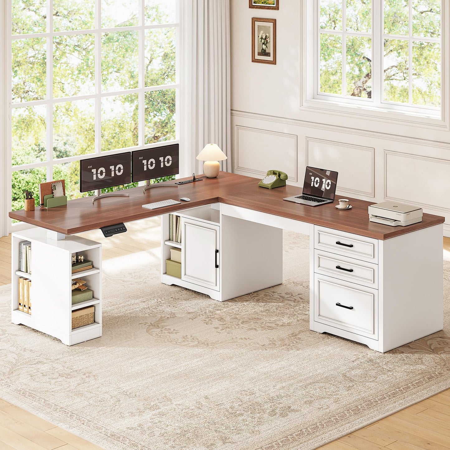 SEDETA Farmhouse L Shaped Electric Standing Desk, 63" x 67" Height Adjustable Home Office Executive Desk with Drawers, Standing Computer Desks with Power Outlet for Home Office, White+Brown