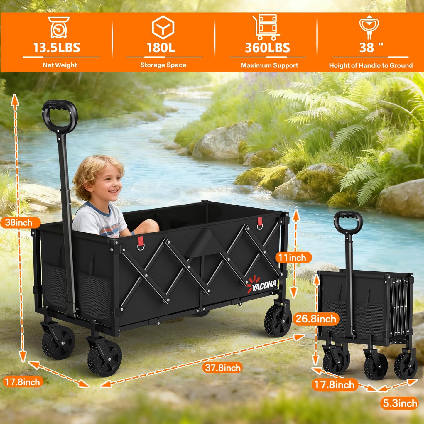 35" L Extra Long Wagons Carts Foldable, 360LBS Heavy Duty Collapsible Wagon with Wheels, Folding Wagon Portable Utility Cart for Groceries, Shopping, Camping, Sports
