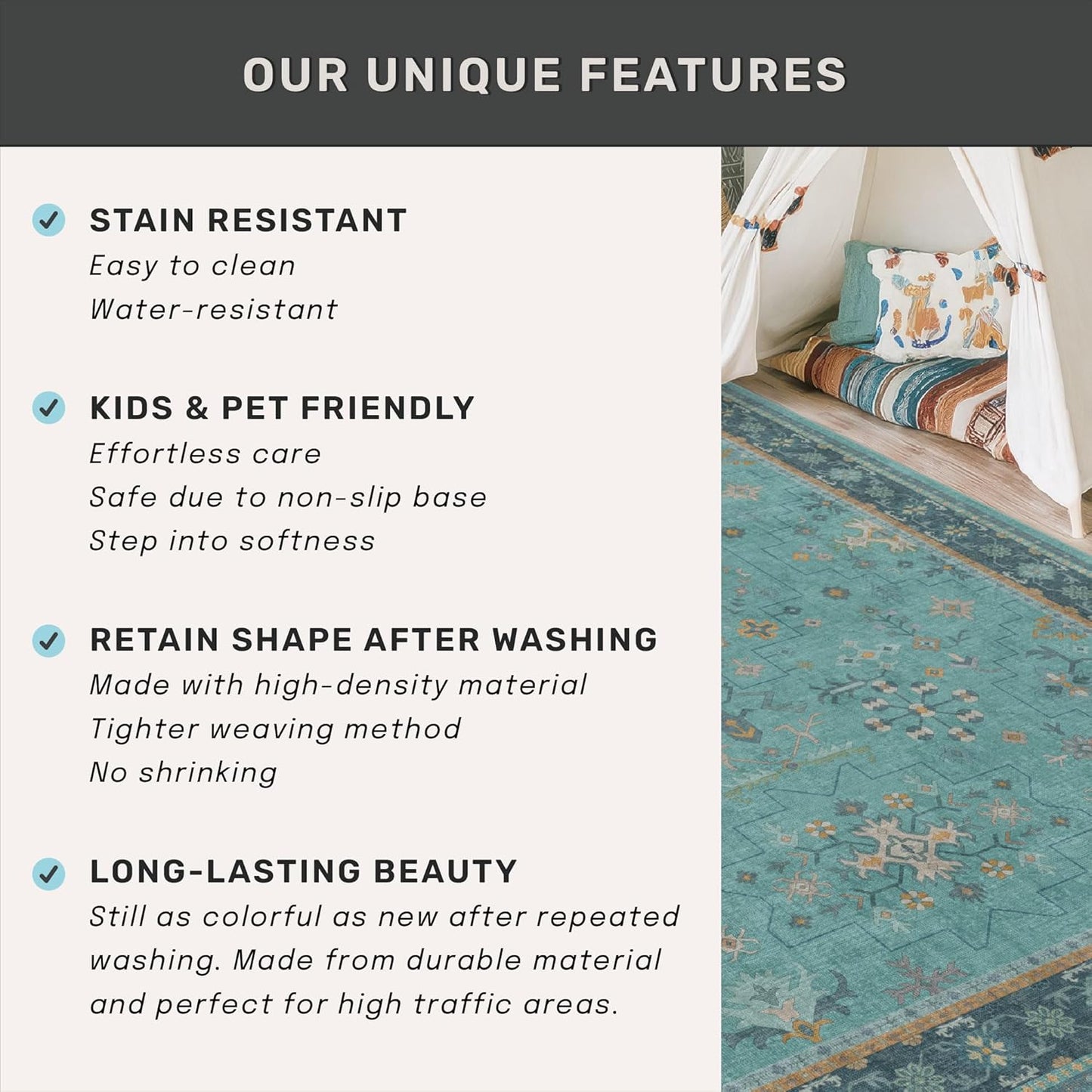 Skiennix Teal Area Rug - Washable Non-Skid Design for Entryway, Kitchen, Bathroom | Boho Geometric Style
