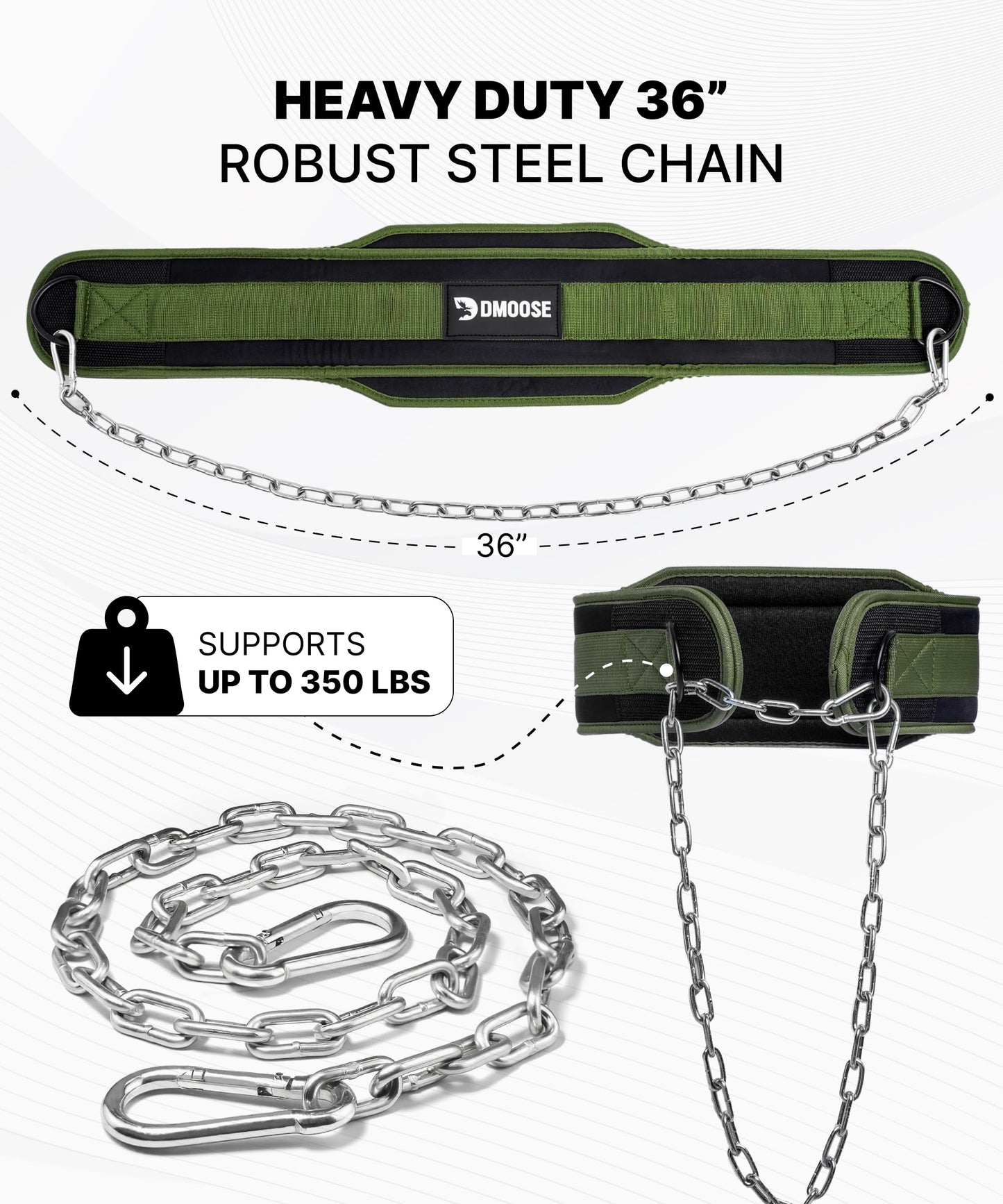 DMoose Fitness Dip Belt for Weight Lifting, Pullup, Squats & Dips - 36" Robust Steel Chain & Comfortable Neoprene Padding Supports 350lbs, Gym Weight Belt for Strength Training (Military Green)