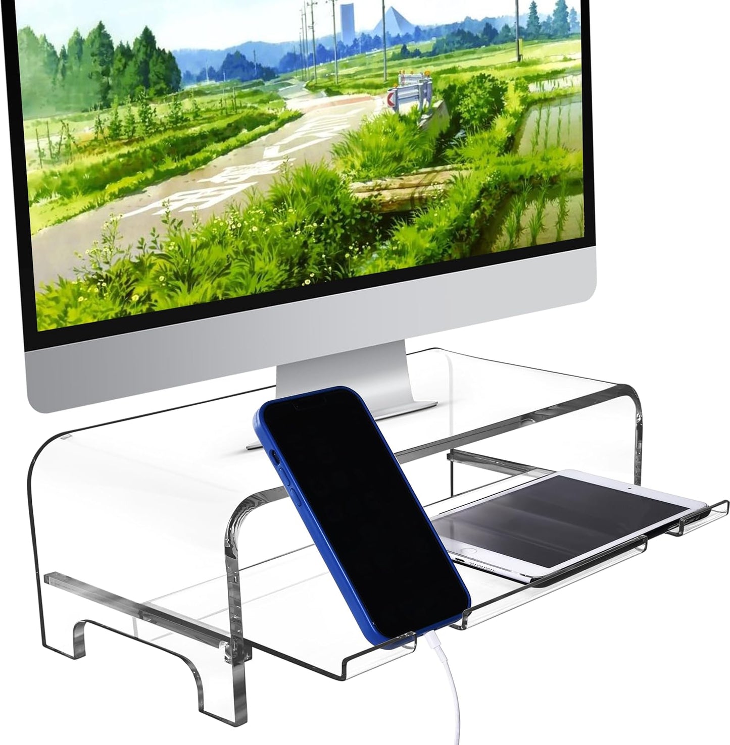 2 5.7 Inch AMT Tier High Acrylic Laptop Monitor Stand & Computer Riser with Cat Keyboard Protector, Space-Saving