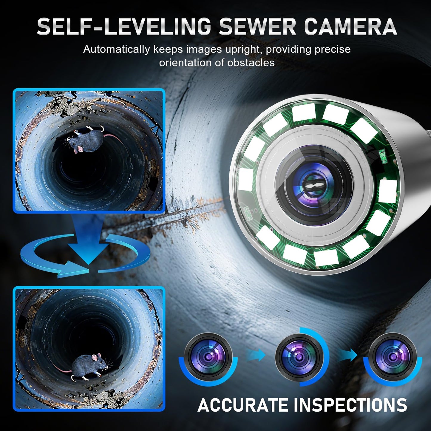 Sewer Camera with 512Hz Transmitter, Self-Leveling Drain Camera 100ft with Meter Counter, 9" HD Plumbing Camera Snake with 12 LED Lights, 5100mAh Battery, IP68 Waterproof, 32GB DVR for Pipe Inspection