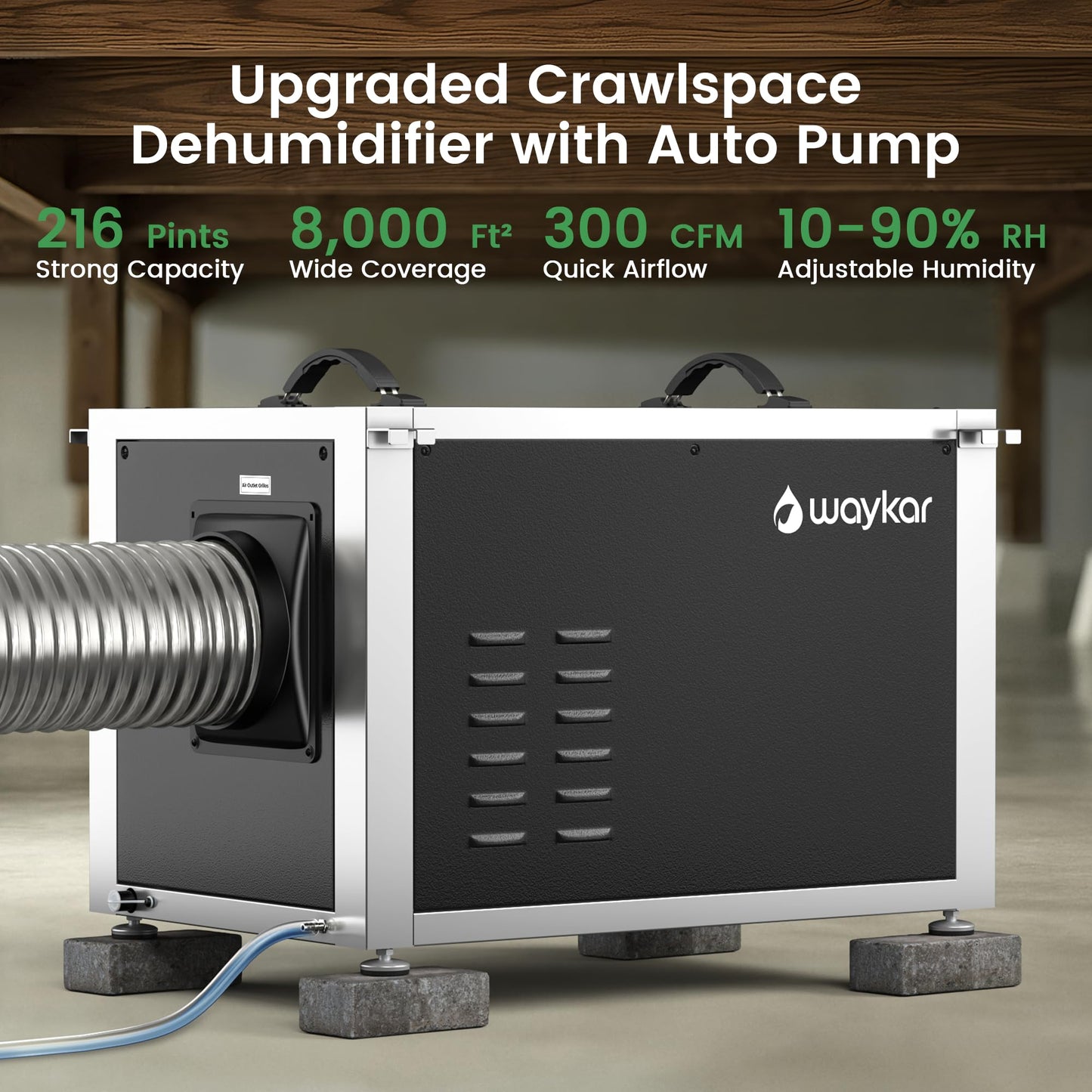 Waykar 216 Pints Crawl Space Dehumidifier with Pump, Remote Control & Dual Duct, HVAC Commercial Dehumidifier for Basement, Whole House & Water Damage, 8000 Sq. Ft, 10-90% RH - 5-Year Quality Coverage